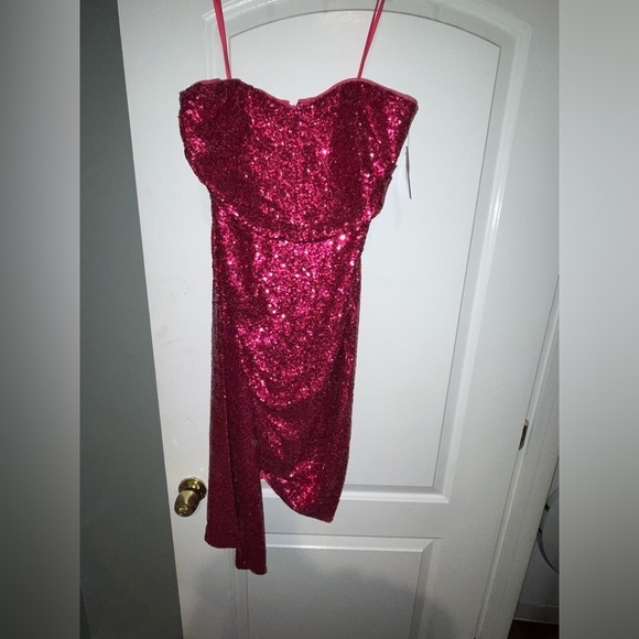 New!Jewel Badgley Mischka 🩷 Strapless Asymmetrical Sequined Draped Pink Dress 10 - Picture 6 of 12